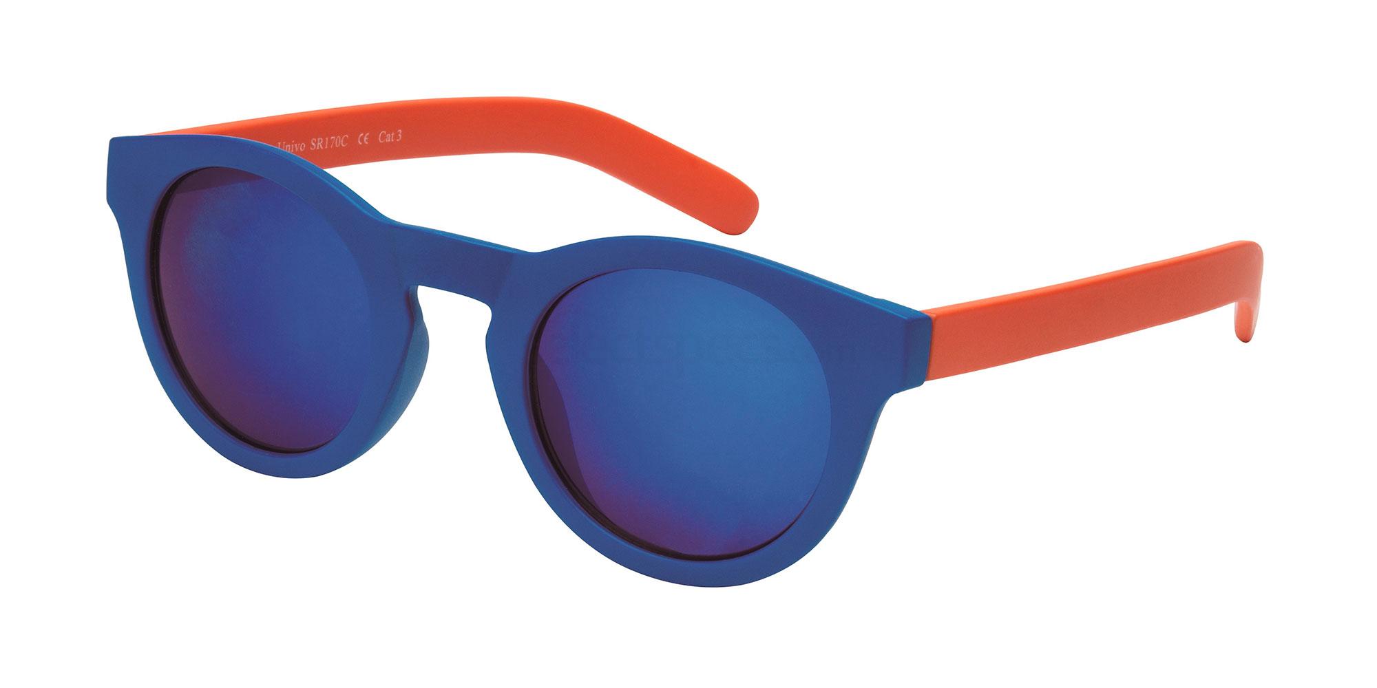 Univo SR170 round sunglasses with blue front and lenses and orange arms